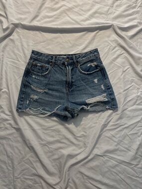 stradivarius Ripped High-Rise Denim Shorts - Blue